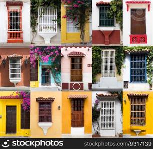 View at set of typical Latin American colonial window in Cartagena, Colombia