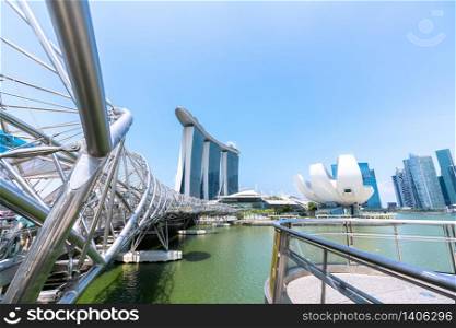 View at Singapore Marina Bay Sand Casino Hotel and Art Science museum, Helix bridge in Cityscape Landmarks.