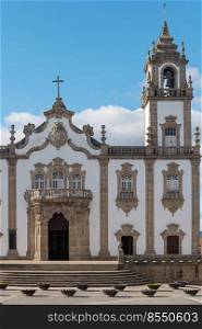 View at the front facade at the Church of Mercy, Igreja da Misericordia, baroque style monument, architectural icon of the city of Viseu, in Portugal