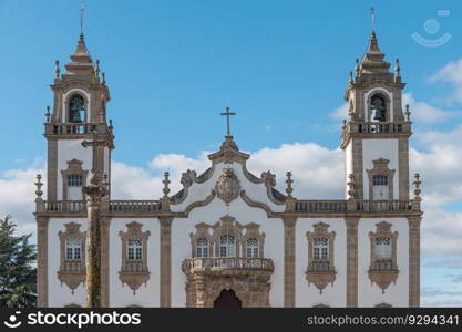 View at the front facade at the Church of Mercy, Igreja da Misericordia, baroque style monument, architectural icon of the city of Viseu, in Portugal.