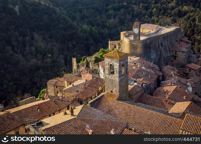 view at the old famous tuff city of Sorano, province of Siena. Tuscany, Italy