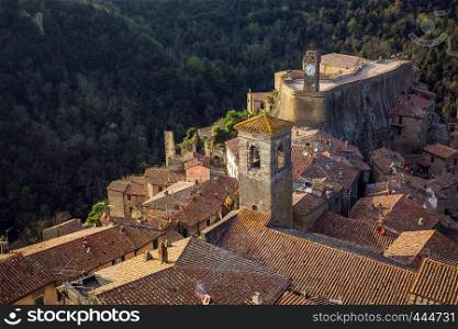 view at the old famous tuff city of Sorano, province of Siena. Tuscany, Italy