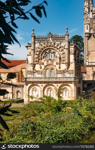 View at the Palace of Bucaco with garden in Portugal. Palace was built in Neo Manueline style between 1888 and 1907. Luso, Mealhada