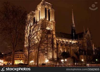 view cathedral Notre Dame de Paris at night