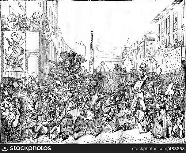 View Corso, in Rome, during the Carnival, vintage engraved illustration. Magasin Pittoresque 1836.