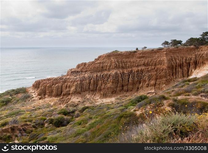 View down the cliffs and bay near La Jolla in Southern California with Torrey Pines state park