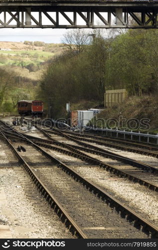 View down the tracks from platform of Grosmont Railway Station, Eskdale, Scarborough, North Yorkshire, England, United Kingdom, North Yorkshire Moors.