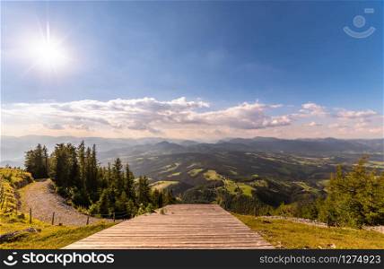 View from a peak of rocky Austrian mountain Schockl in Styria Graz. Place for tourism and hiking recreation.. View from a peak of rocky Austrian mountain Schockl in Styria Graz