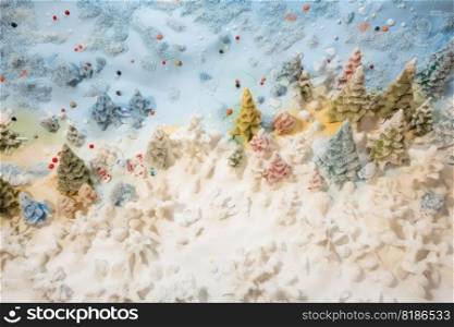 View from above of a snow surface with Christmas motifs created with generative AI technology
