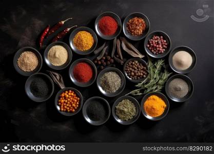 View from above of numerous spices in small bowls on a dark slate plate with copy space created with generative AI technology
