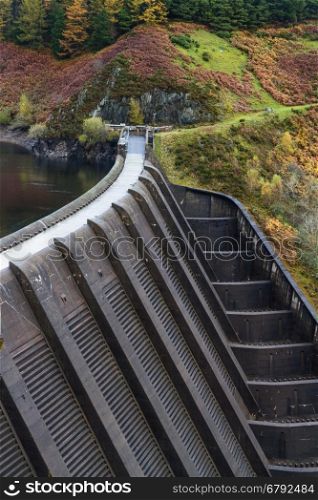 View from above of the Clywedog dam. Llanidloes, Powys, Wales, United Kingdom.