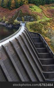 View from above of the Clywedog dam. Llanidloes, Powys, Wales, United Kingdom.
