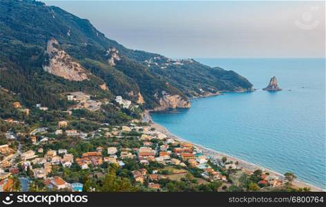 View from above on Agios Gordios village at sunset, Corfu, Greece