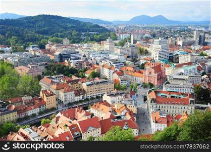 View from above on Ljubljana old town at sunset, Slovenia