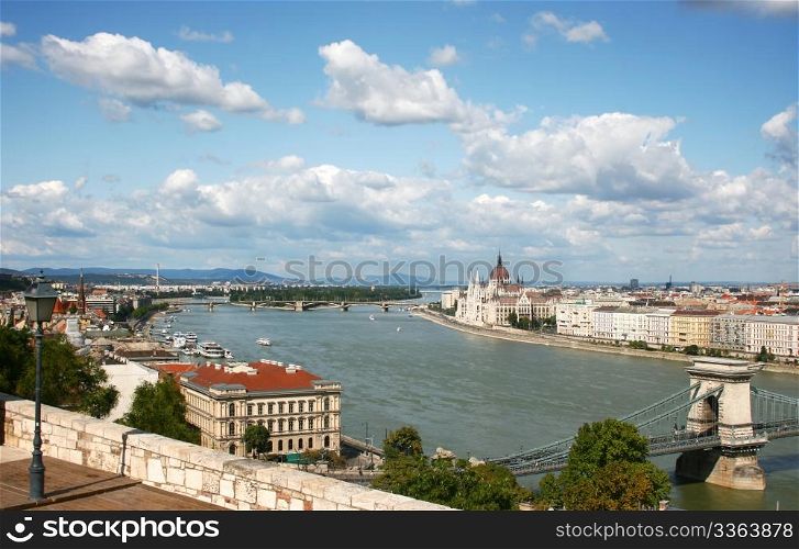 View from across the Danube river. Parliament can be seen in the background.