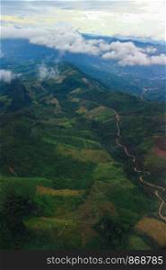View from airplane over mountain and the Mekong river, Luang Prabang, Laos.