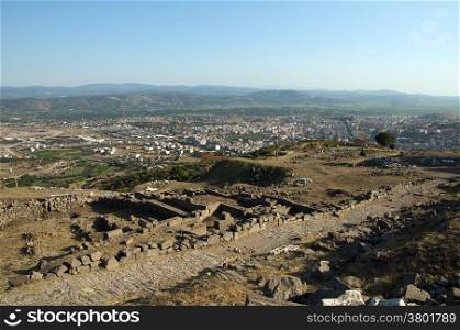 View from ancient greek city of Pergamon on modern city of Bergama, Turkey