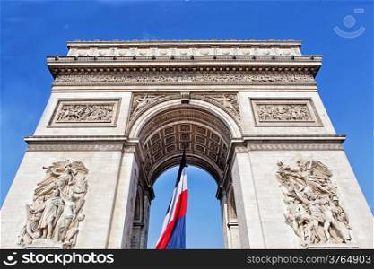View from Arch of triumph with french flag in Paris, France