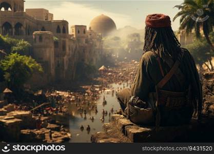 View from back of Somali Cushitic soldiers wearing ancient Carthaginian uniforms in the sunny very tropical city of Numidia in super realistic 8k cinematic style,created by AI