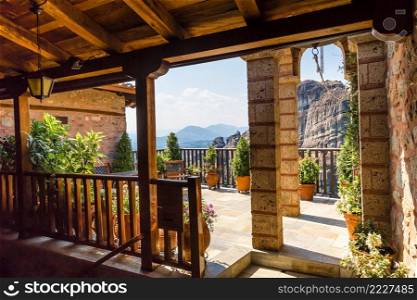 View from balcony of monastery in Meteora, Greece in a summer day