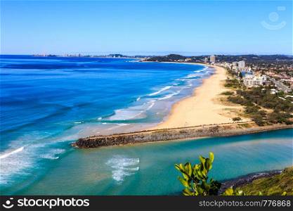 View from Burleigh Heads National Park on a sunny summer's day overlooking Palm Beach and Currumbin, Gold Coast, Queensland, AUstralia