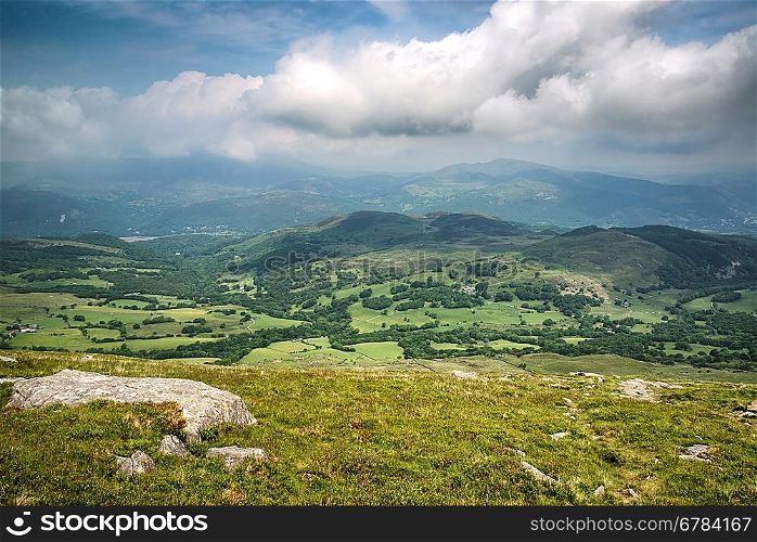 View from Cadair Idris looking North towards Dolgellau over fields and countryside landscape