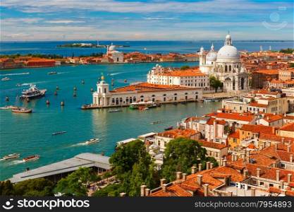 View from Campanile di San Marco to Grand Canal and Basilica di Santa Maria della Salute at summer morning in Venice, Italy