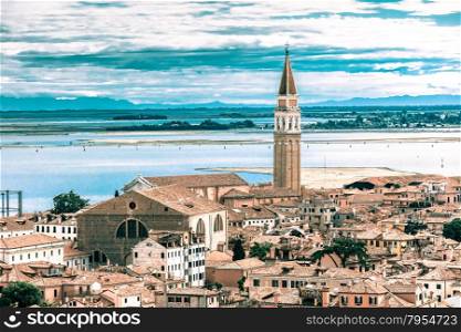 View from Campanile di San Marco to Roman Catholic church San Francesco della Vigna at summer morning in the Sestiere of Castello in Venice, Italy. Toning in cool tones