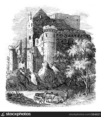 View from Craigmillar Castle, vintage engraved illustration. Colorful History of England, 1837.