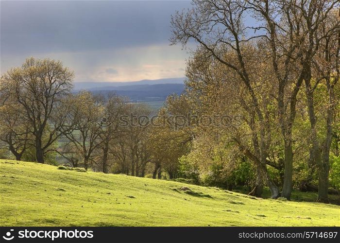 View from Dover&rsquo;s Hill near Chipping Campden of approaching rain clouds. Gloucestershire, England.