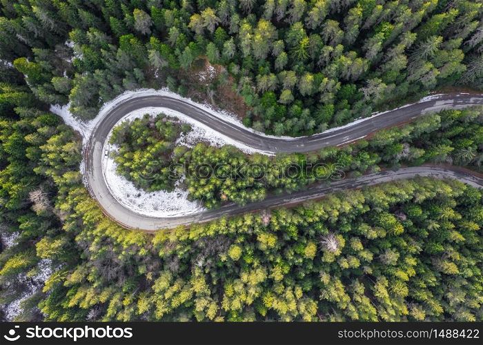 View from drone to road in mountain
