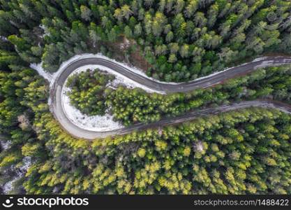 View from drone to road in mountain