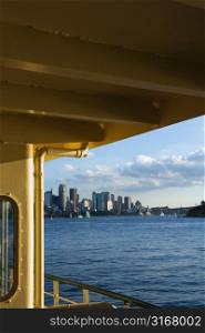 View from ferryboat of harbour and skyline of Sydney, Australia.
