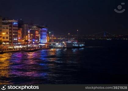 View from Galata Bridge in Istanbul by Night, Turkey