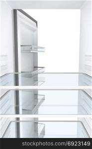 View from inside of an empty fridge with opened door