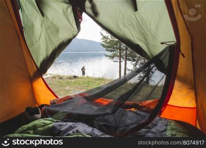 View from inside the tent. View out of the woods. Bulgaria