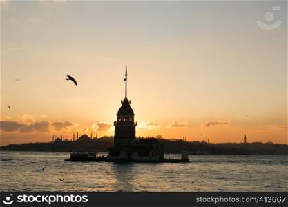View from Maiden's Tower in evening, with the Hagia Sophia and the Blue Mosque in the far distance.