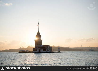 View from Maiden's Tower in evening, with the Hagia Sophia and the Blue Mosque in the far distance.