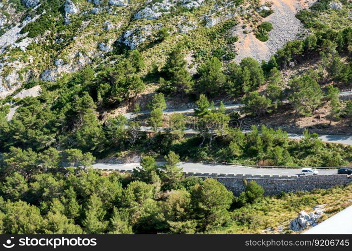 View from Mirador de Es Colomer on the twisty road, tourist attraction on Majorca, Formentor, Mallorca, Balearic Islands, Spain.