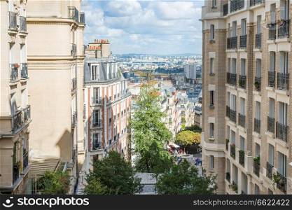 View from Monmartre street to Paris city, France