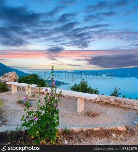 View from observation area on sea sunset picturesque sky and Croatian islands (near Viganj village, PeljeA?ac peninsula, Croatia) and Korcula village.