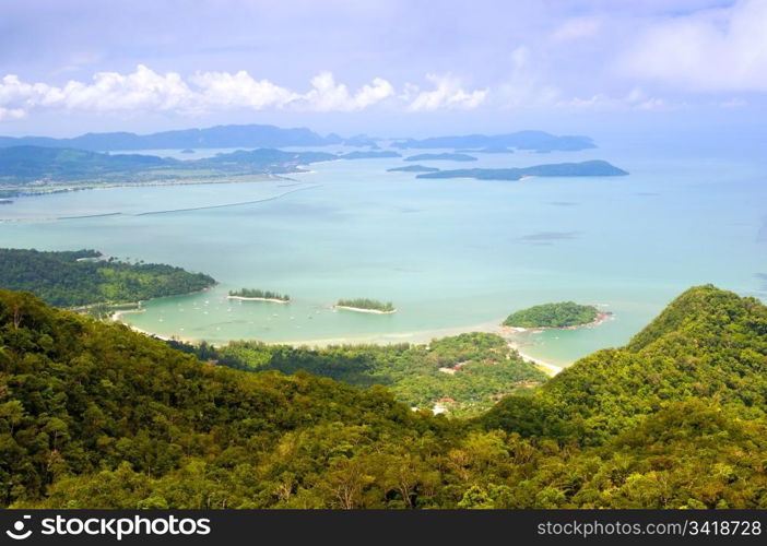 View from on high of coastline and tropical islands