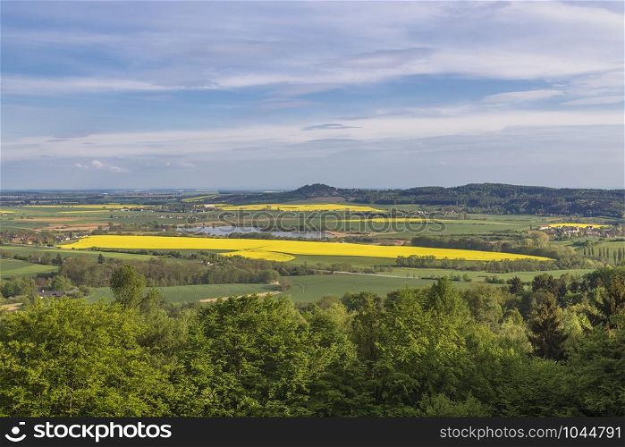 View from one of the rocks in the Czech national park to the surrounding fields and mountains