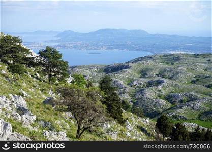 View from Pantakrator mount on the east coast of Corfu island, Greece