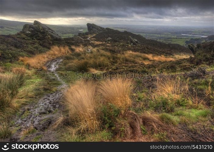 View from Ramshaw Rocks in Peak District National Park towards The Roaches