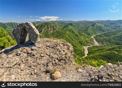 view from Rocche del Reopasso ridge in Crecefieschi, Liguria, Italy. On background Vobbia village and valley