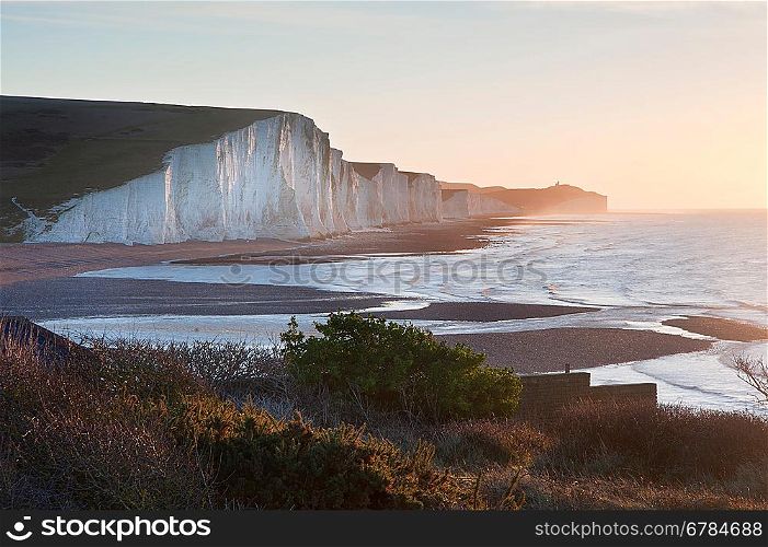View from Seaford Head towards Seven Sisters at sunrise