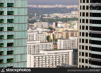 View from skyscraper in downtown on a residential district of Warsaw, Poland