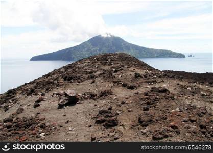 View from slope of volcano Krakatau in Indonesia
