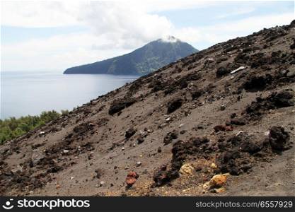View from slope of volcano Krakatau in Indonesia